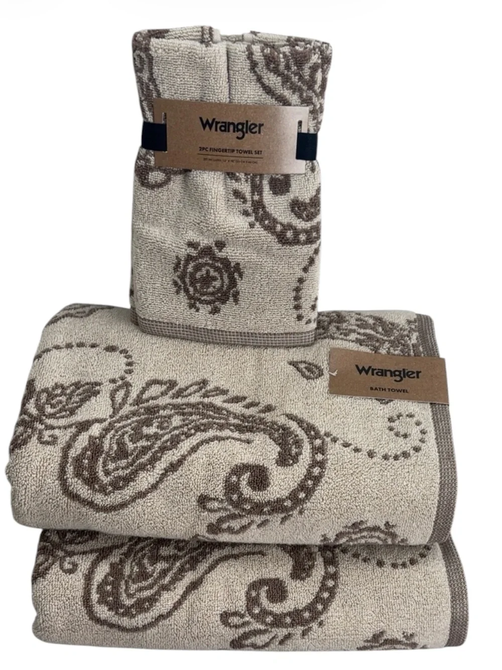 Wrangler 4 Pc Towel Set 🤎 2 Bath & 2 Fingertip Cowboy Boot Paisley Beige NWT